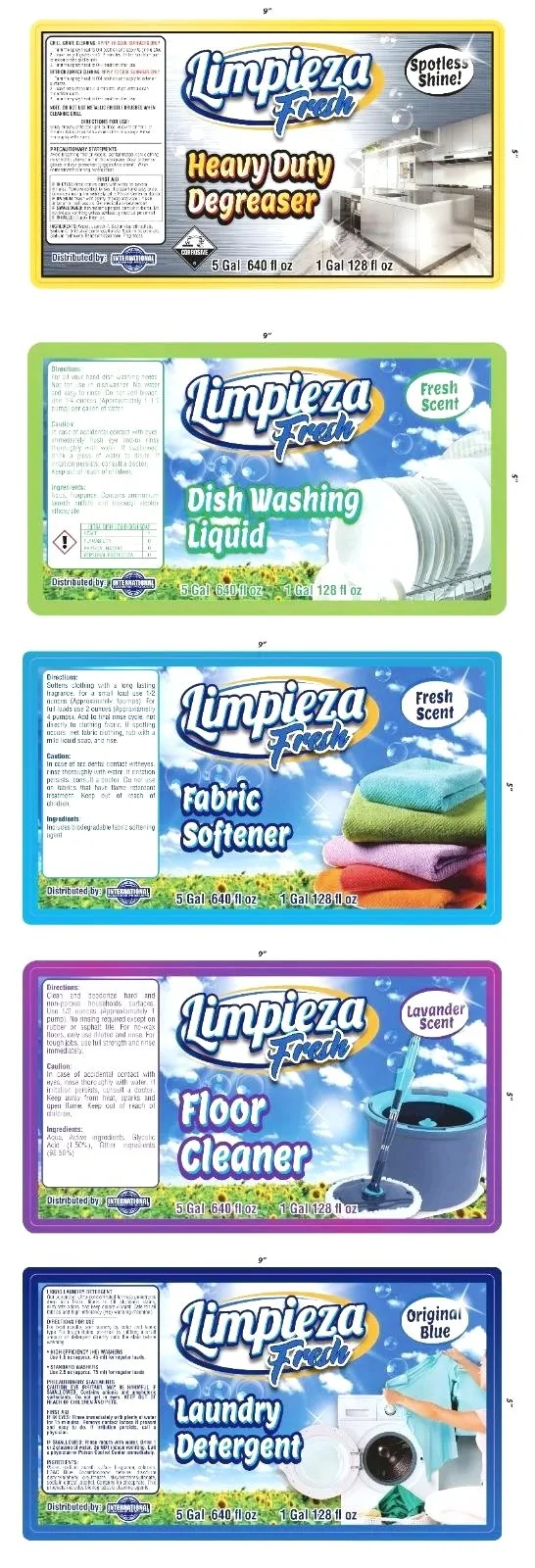 Limpieza Fresh bulk cleaning product lineup featuring 5-gallon buckets of Heavy Duty Degreaser, Dish Washing Liquid, Fabric Softener, Floor Cleaner, and Blue Original Laundry Detergent.