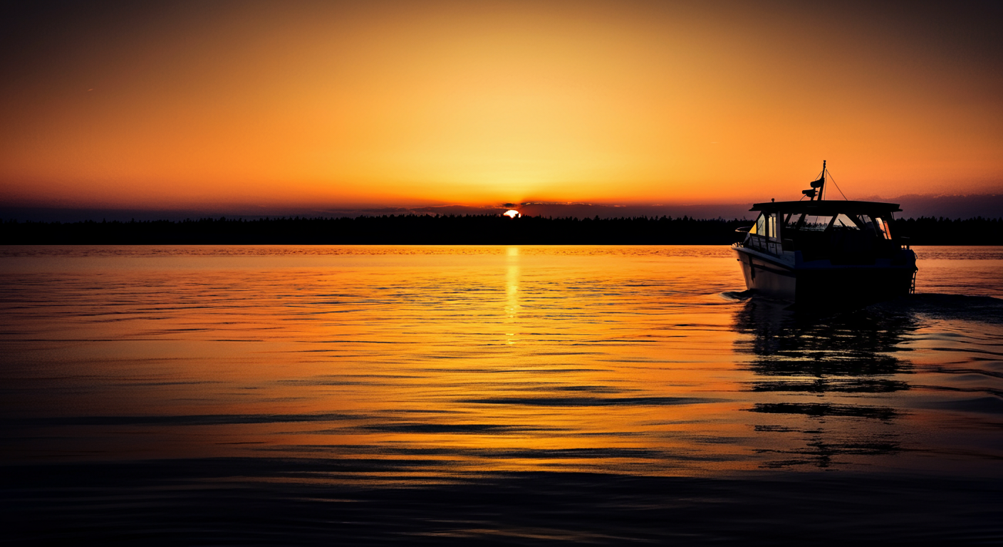 Sunset over water with a silhouetted boat sailing away
