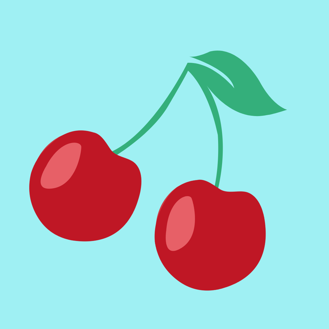 Two red cherries with green stems and a leaf against a light blue background, graphic for Cherry Picked Speech Therapy