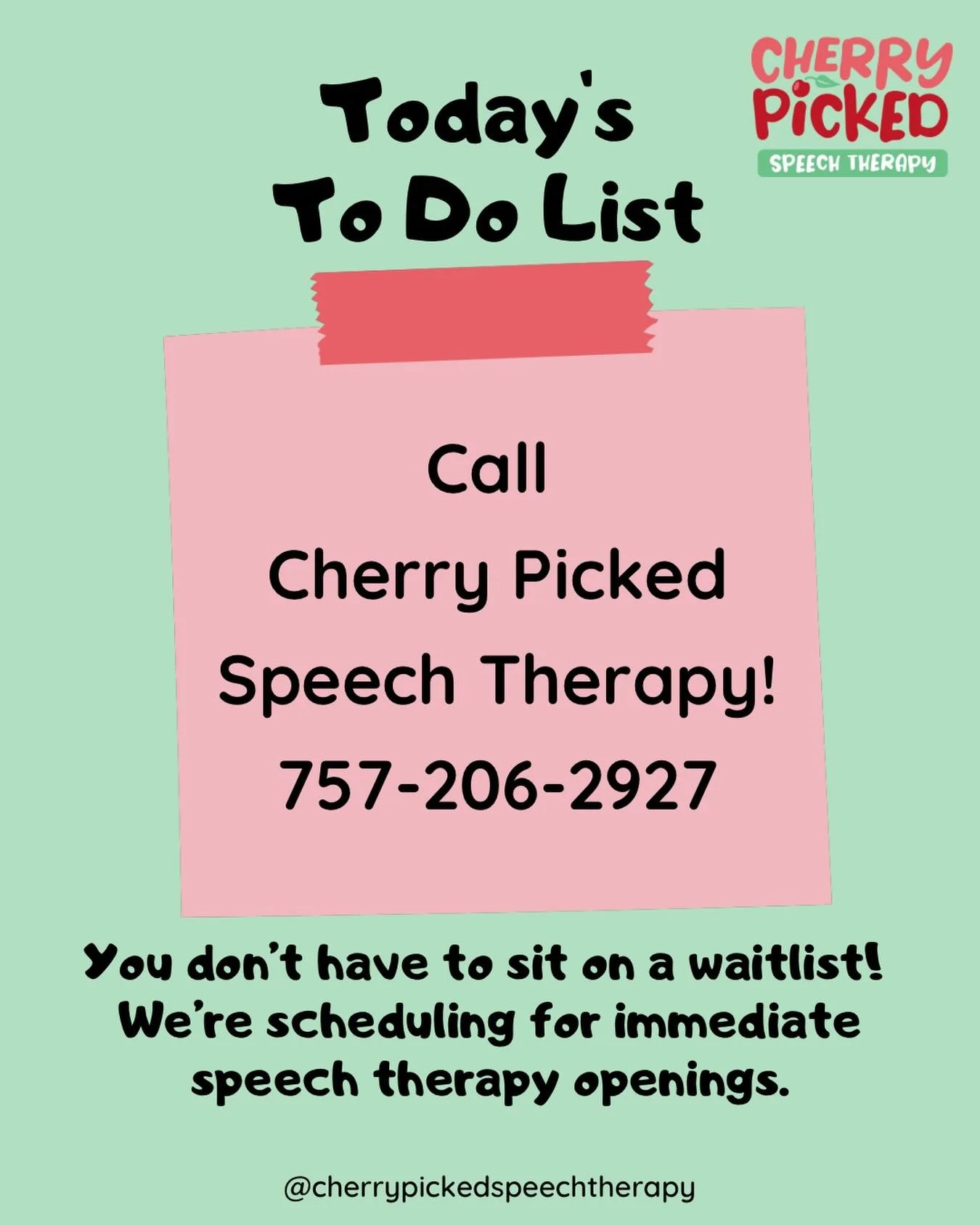 Looking for pediatric speech therapy? NO WAITLIST at Cherry Picked Speech Therapy! 
Call us today to schedule and see one of our amazing speech-language pathologists! 
757-206-2927