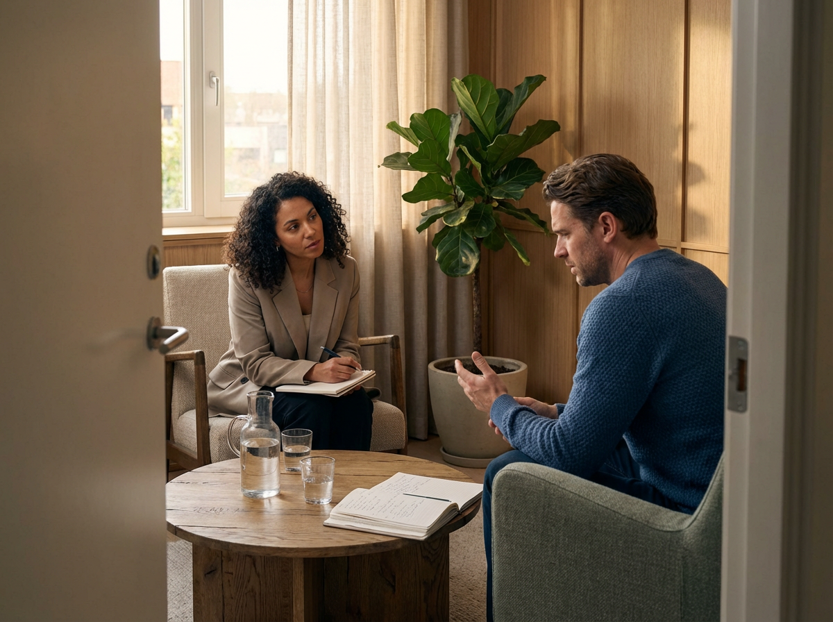 A woman and a man are sitting in a therapy or counseling session. The woman is taking notes with a pen and notebook, while the man is looking at his phone. They are seated in a cozy room with a large green plant and a window with curtains in the background.