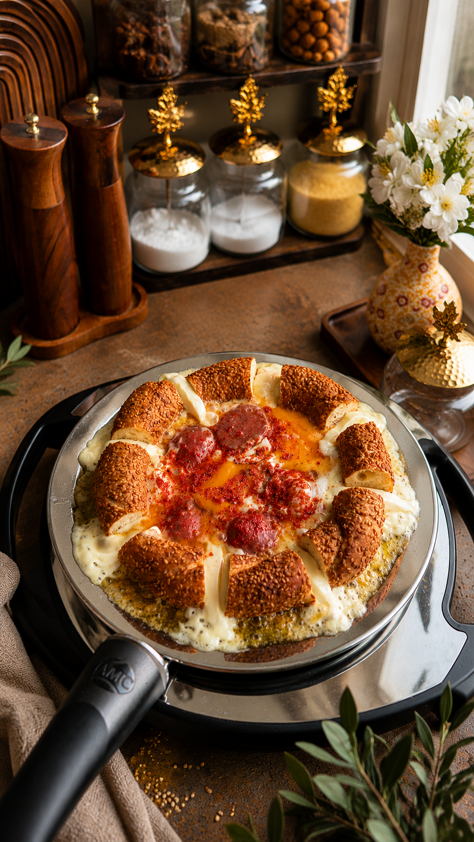 Eine Pizza mit Käse, Tomaten, Speck und gerösteten Teigröllchen auf einem elektrischen Pizzastein auf einem Holztablett, umgeben von dekorativen Gegenständen und einer Vase mit weißen Blumen.