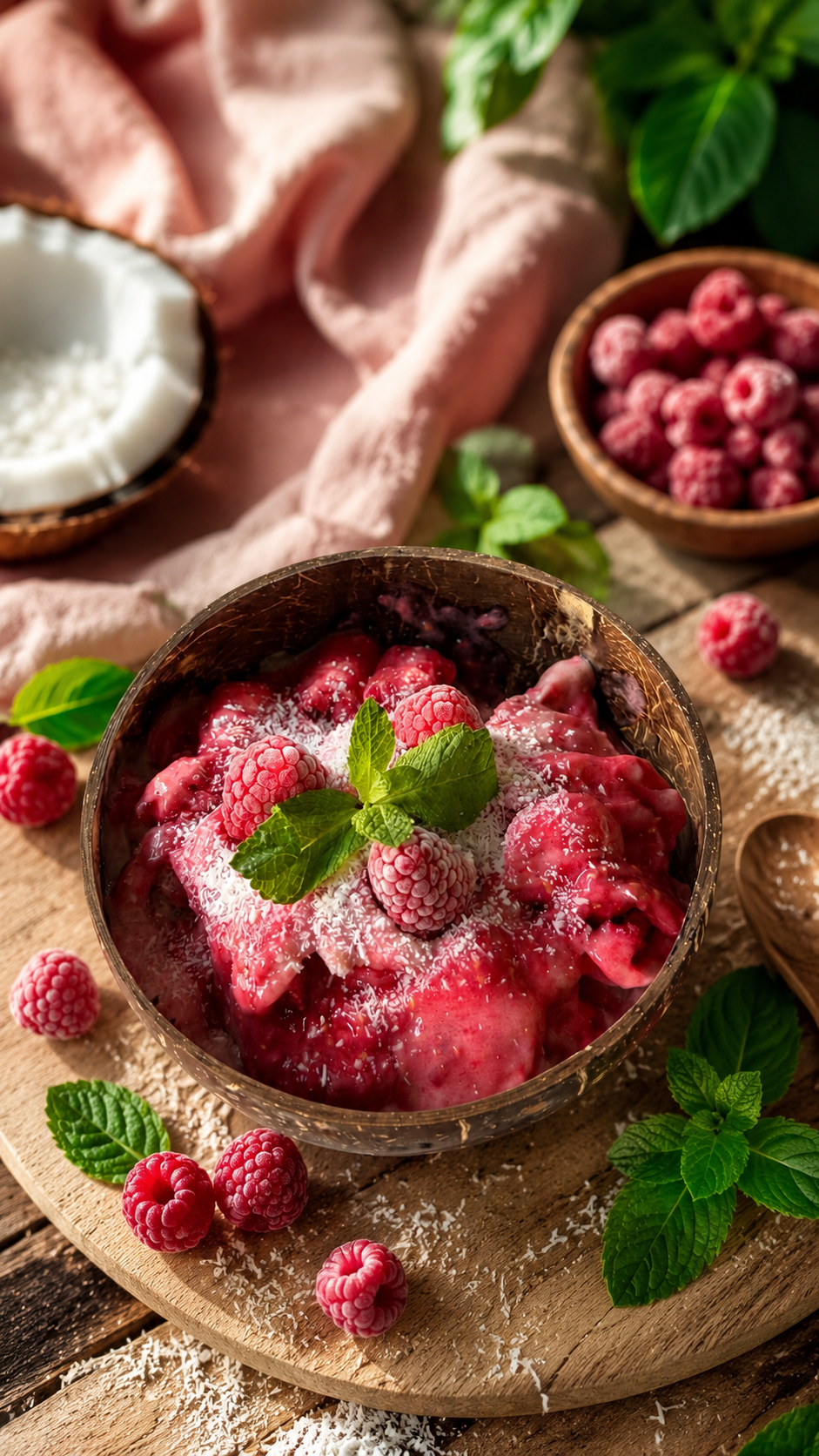 Eine Schüssel mit Himbeeren, Minzblättern und Kokosraspeln vor einem weiteren Beerenbehälter auf einem Holzbrett