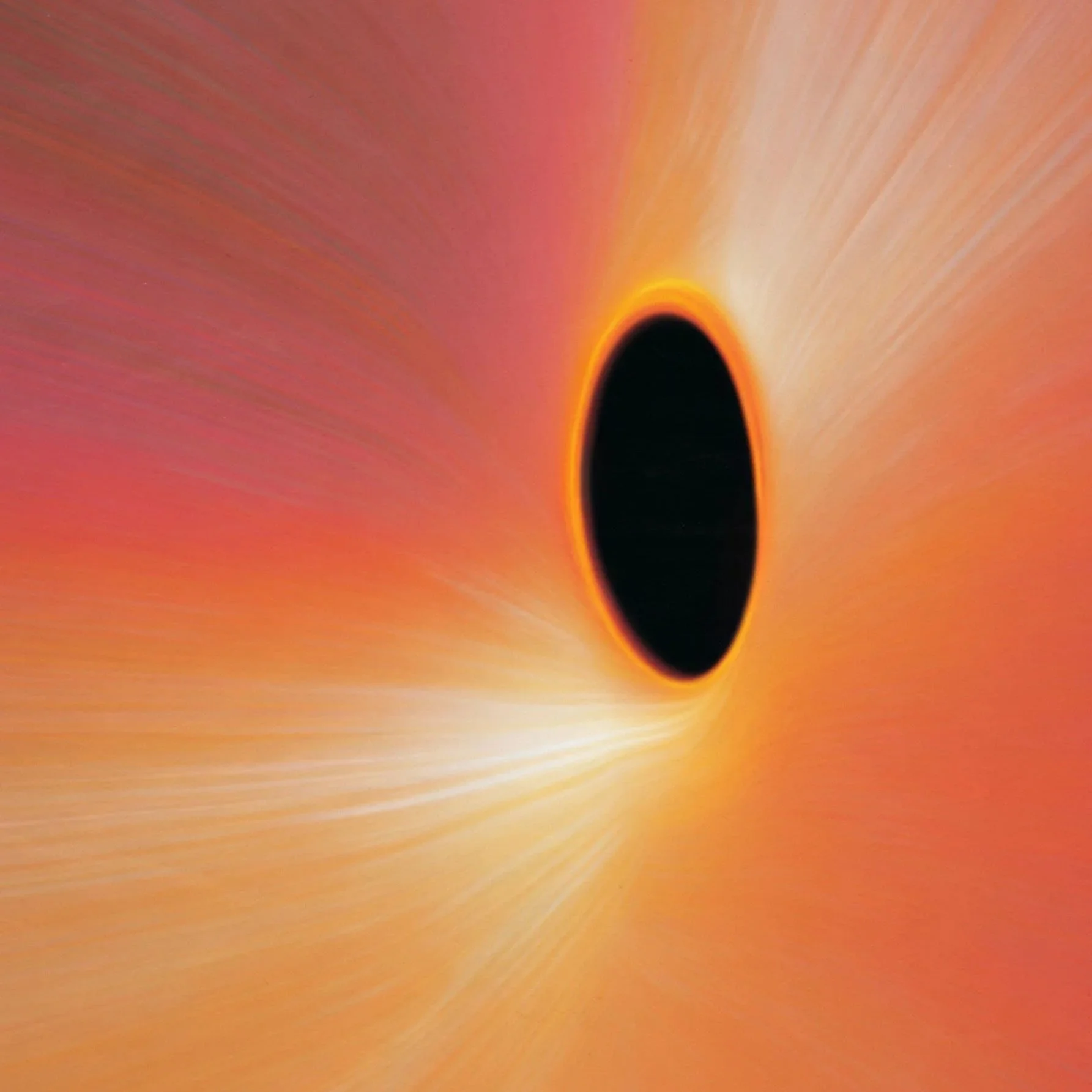 A black hole with an orange glow and radiation surrounding it, set against a reddish-orange background with light streaks.
