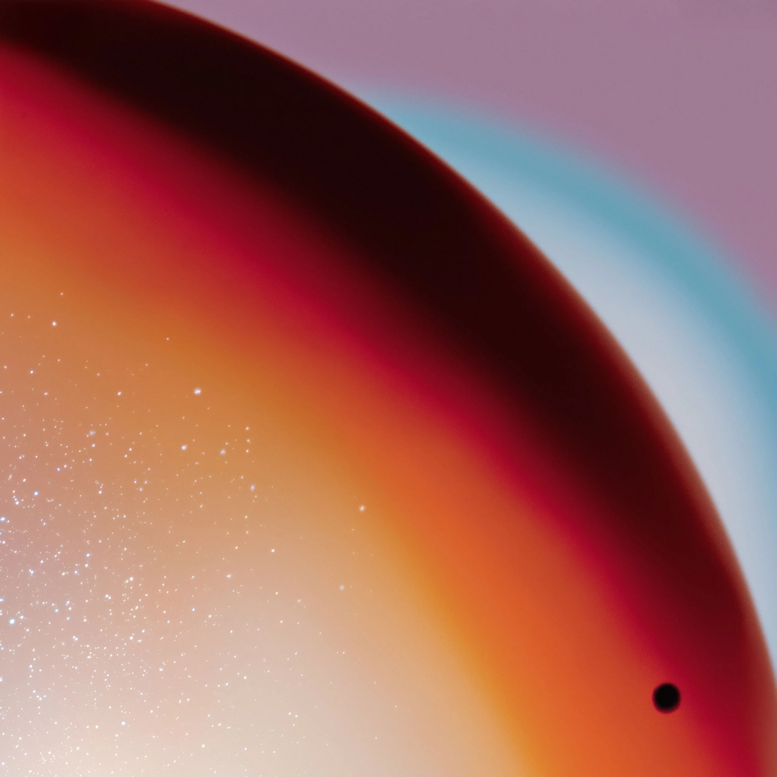 Close-up of a multicolored, abstract gradient background with small white specks and two larger dark spots.