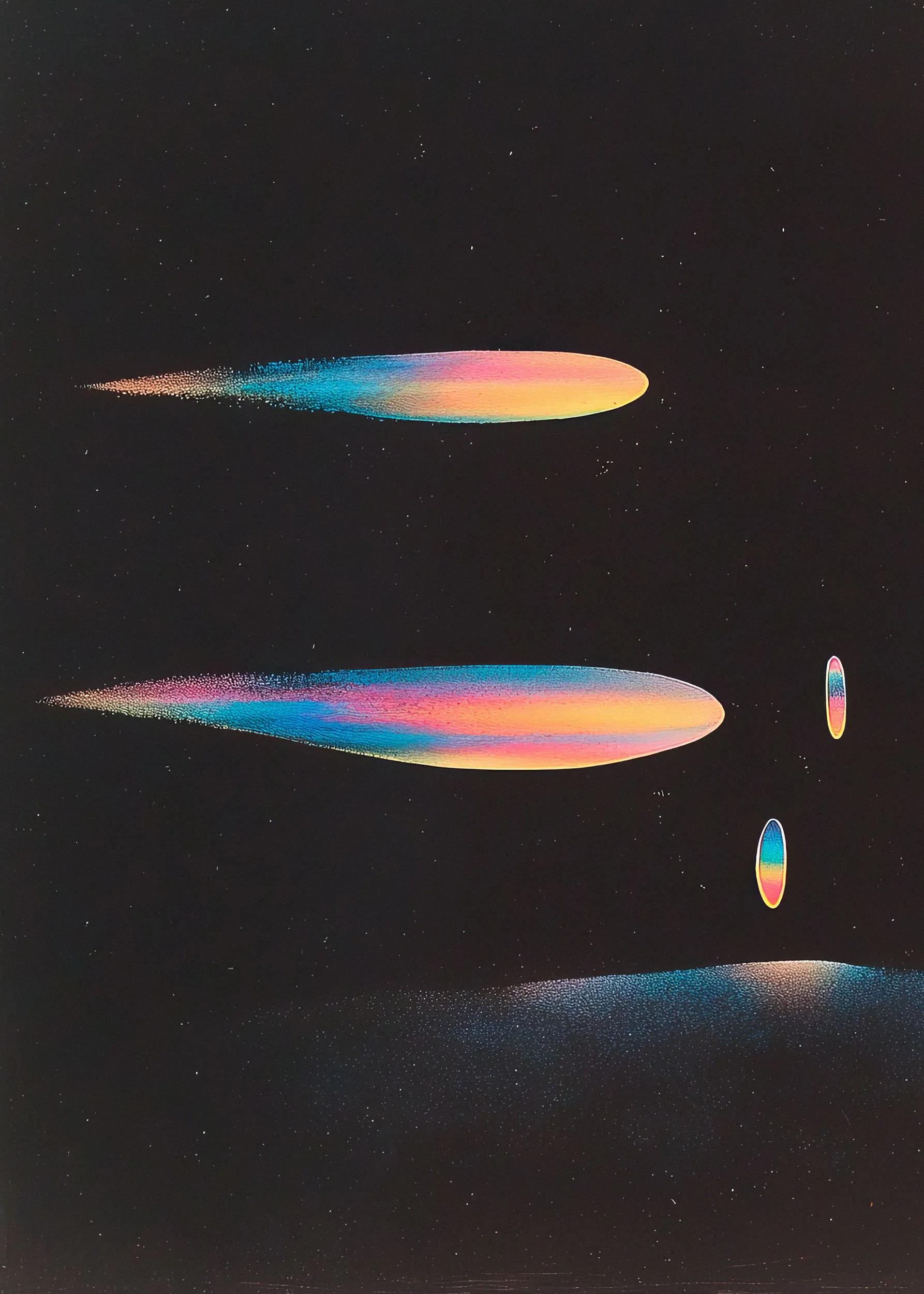 A digital illustration of colorful, glowing, elongated shapes resembling spacecraft or meteorites in space, set against a black starry background.