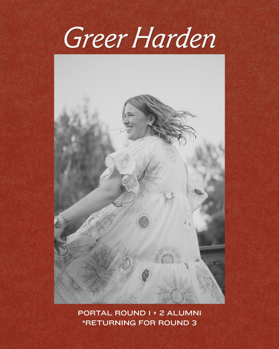 Book cover for Greer Harden featuring a black and white photo of a woman smiling with windblown hair, wearing a patterned dress, against a blurred outdoor background, with text indicating a waiting round for alumni.