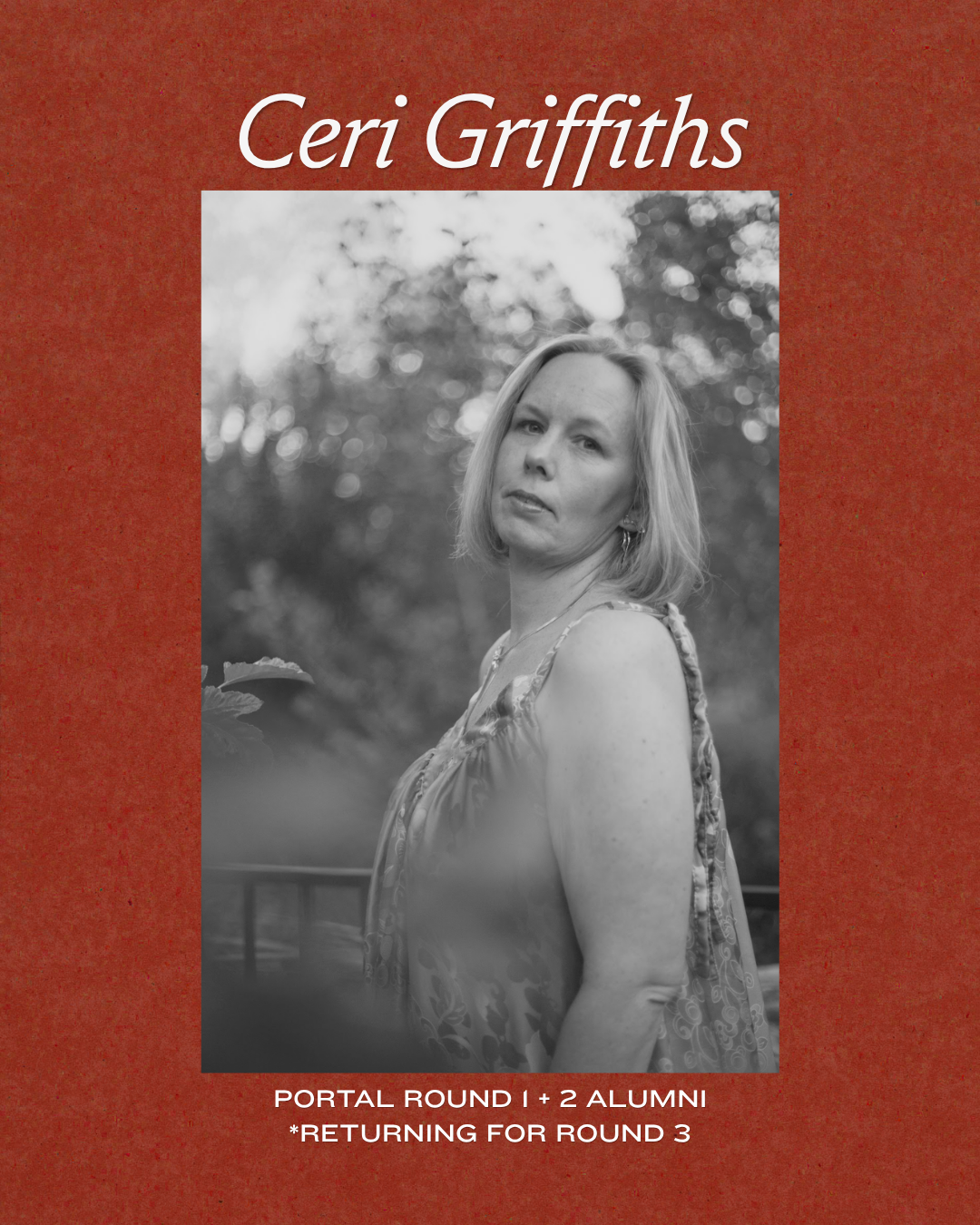 Black and white photograph of a woman with shoulder-length hair, wearing a sleeveless top, outdoors with blurred trees in the background. The image appears on a red textured background with text above and below the photo.