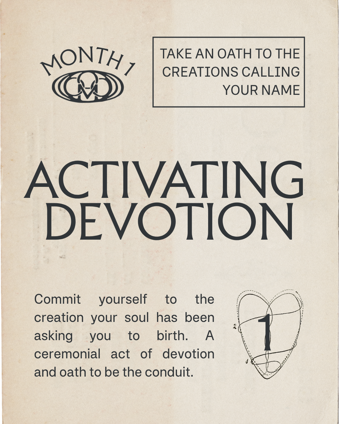 A page titled 'Activating Devotion' with an illustration of a heart diagram and the number 1. It encourages taking an oath to the creation calling your name, with instructions for committing to the creation of your soul.