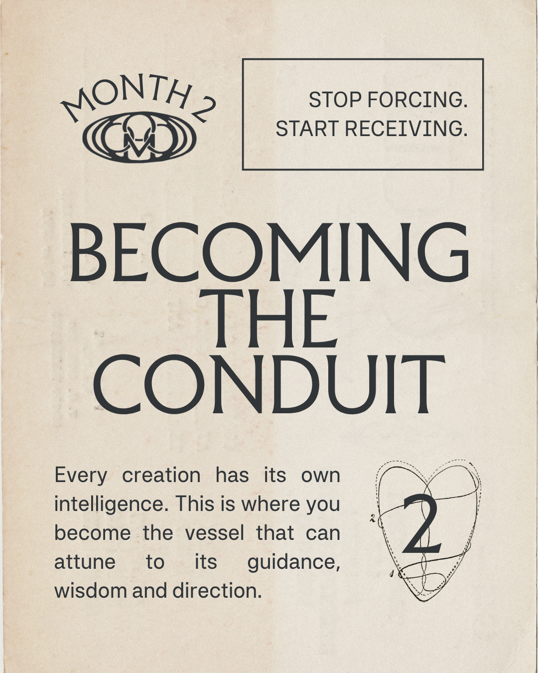 A motivational poster titled 'Month 2: Becoming the Conduit.' It features a message to 'Stop forcing. Start receiving,' along with a diagram of a heart with a number 2 inside, surrounded by guiding lines.