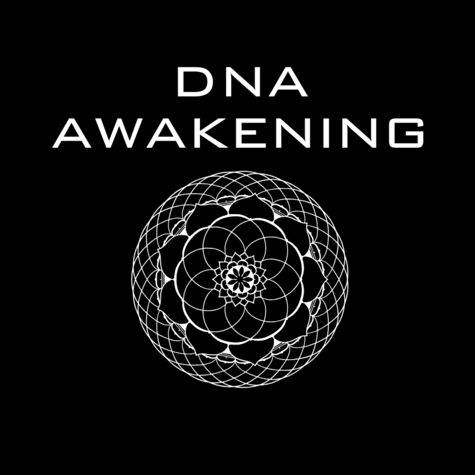 Black background with white text reading 'DNA Awakening' above a geometric, mandala-like design