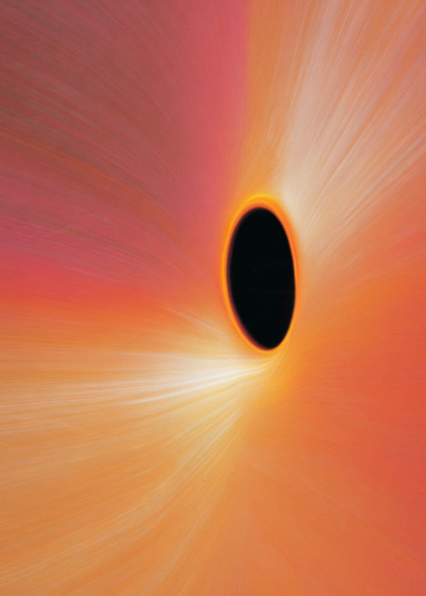 A black hole with an accretion disk glowing yellow, orange, and pink, with light rays emanating outward in space.