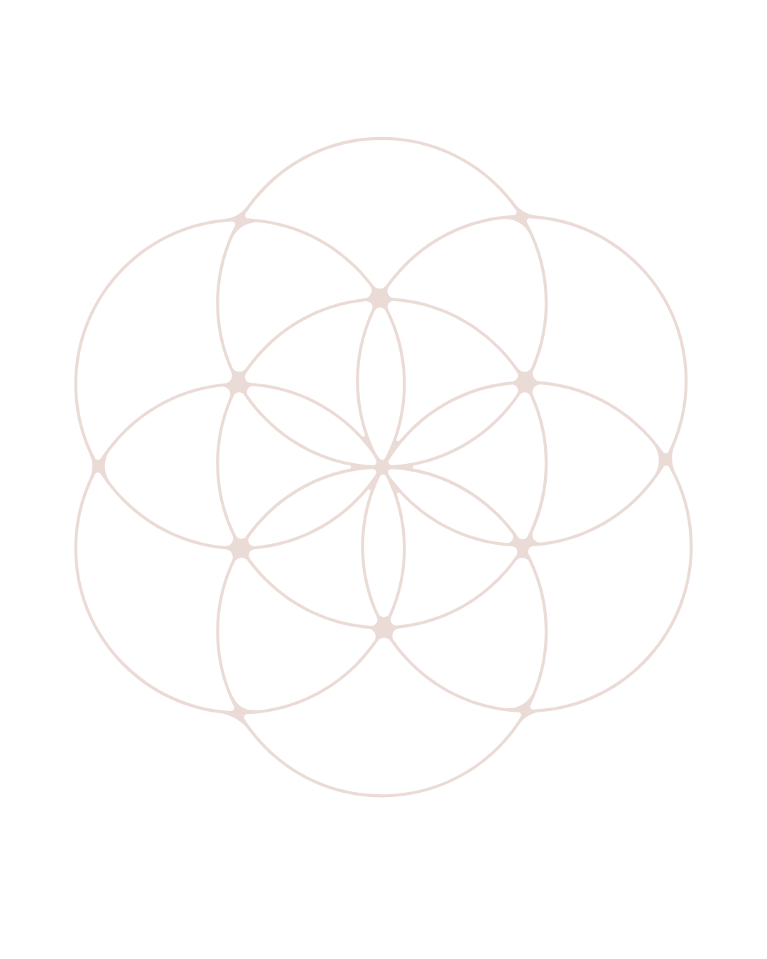Illustration of overlapping circles forming a geometric pattern called the flower of life on a black background.
