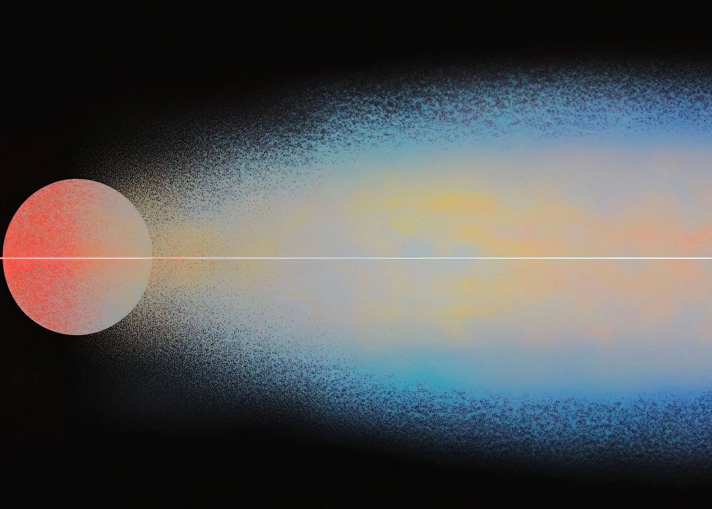 A graphic image of a large red-orange sphere on the left side, with a white horizontal line across the bottom, and a diffused gradient background with dark, light blue, and yellow colors.