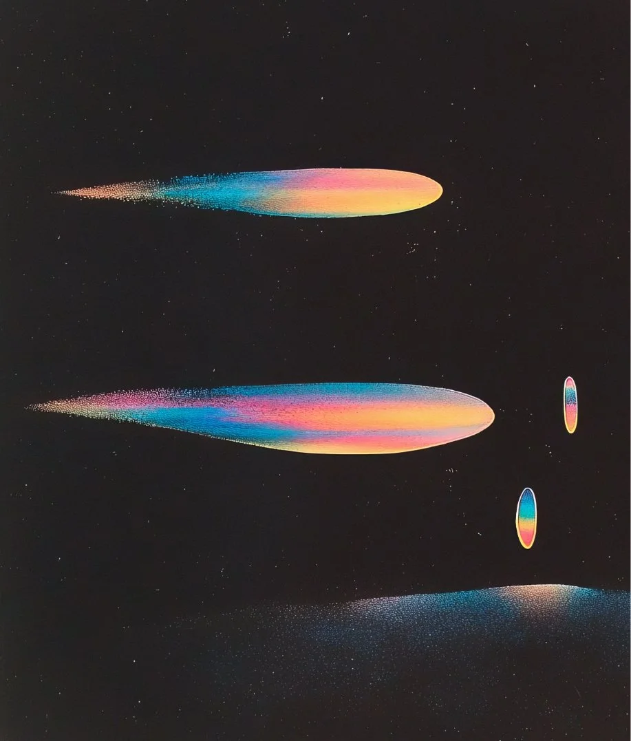 Colorful, abstract digital art featuring three elongated, oval-shaped objects with rainbow gradients and speckled trails against a black background, resembling meteor or spaceship trails.