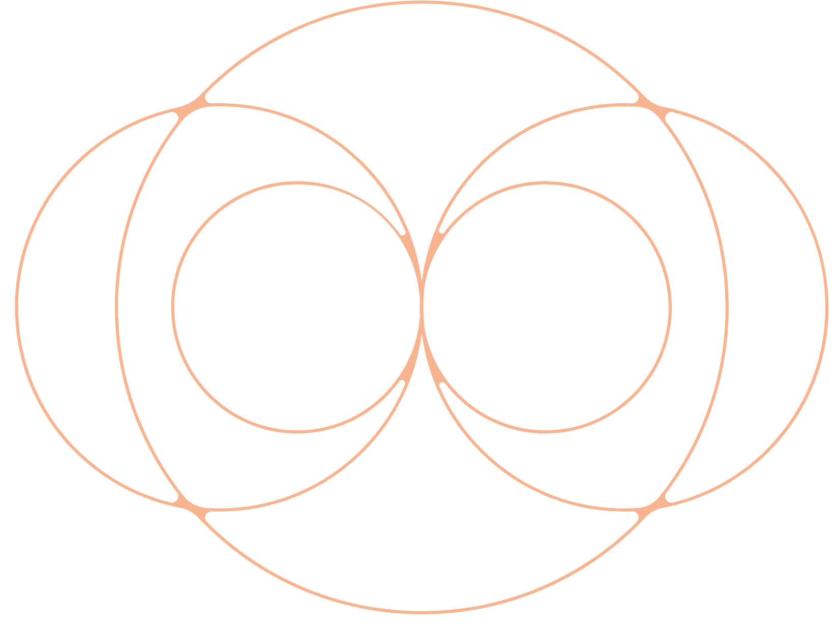 Four overlapping orange circles on a black background, forming a Venn diagram with a symmetrical pattern.