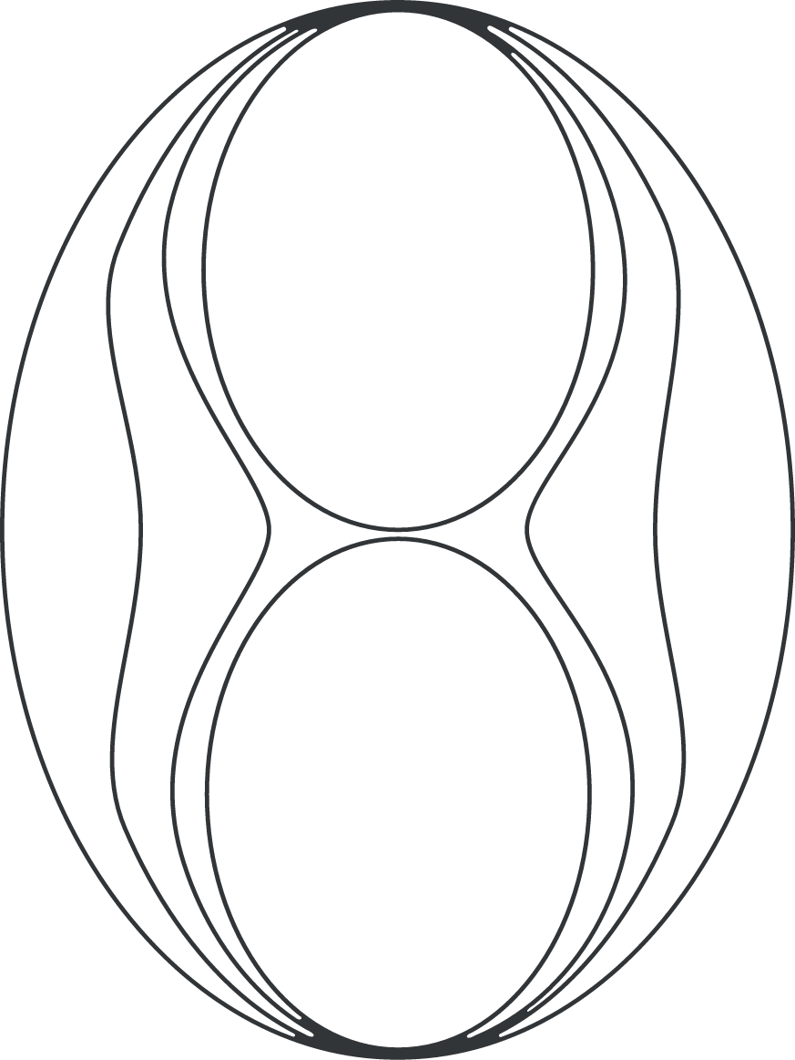 An abstract black and white illustration with curved lines forming two large oval shapes connected by smaller curves.