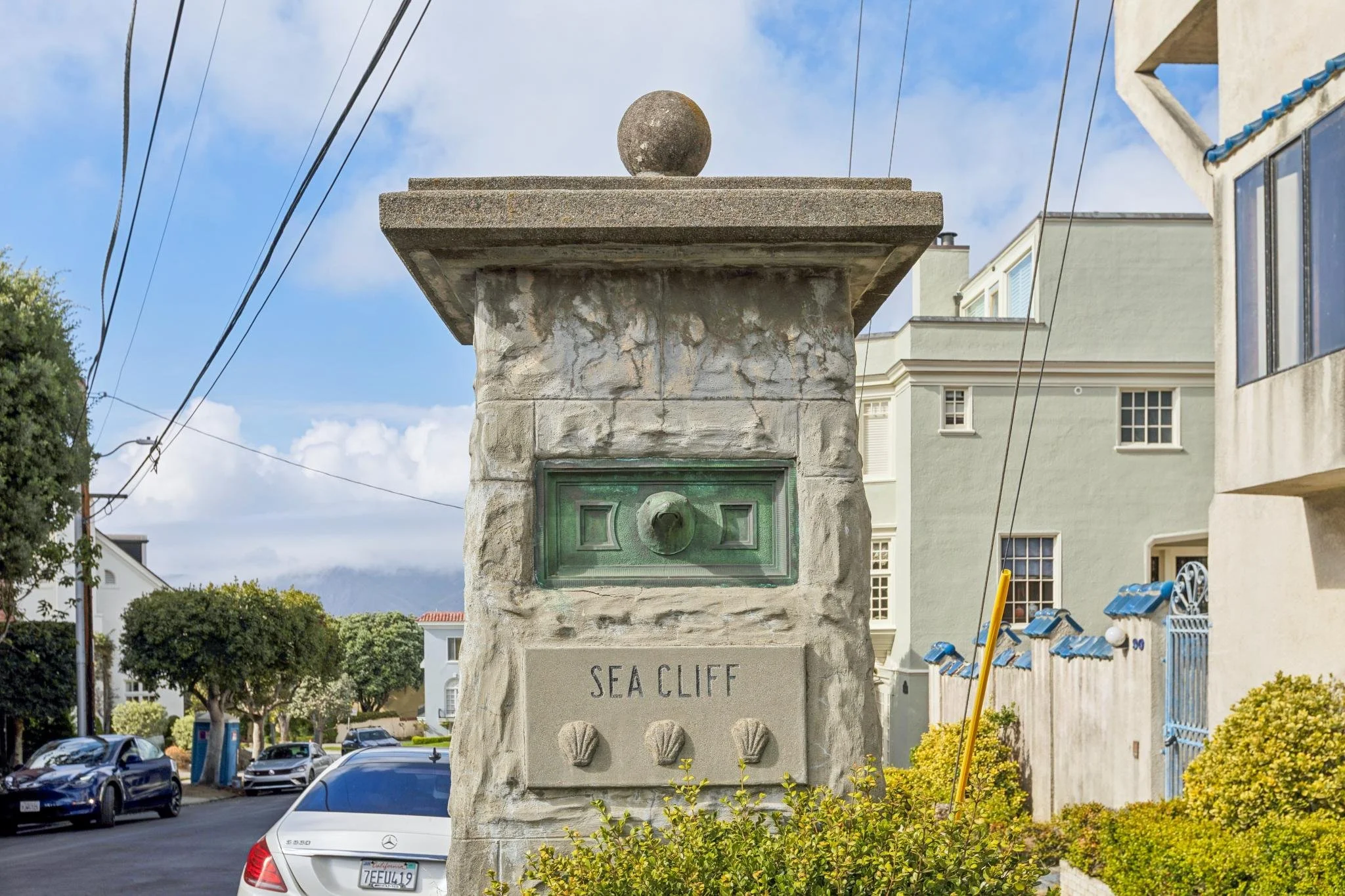 Sea Cliff Neighborhood in San Francisco. Living within these gates are known as one of the most exclusive neighborhood in San Francisco. Quiet, cars parked and beautiful.