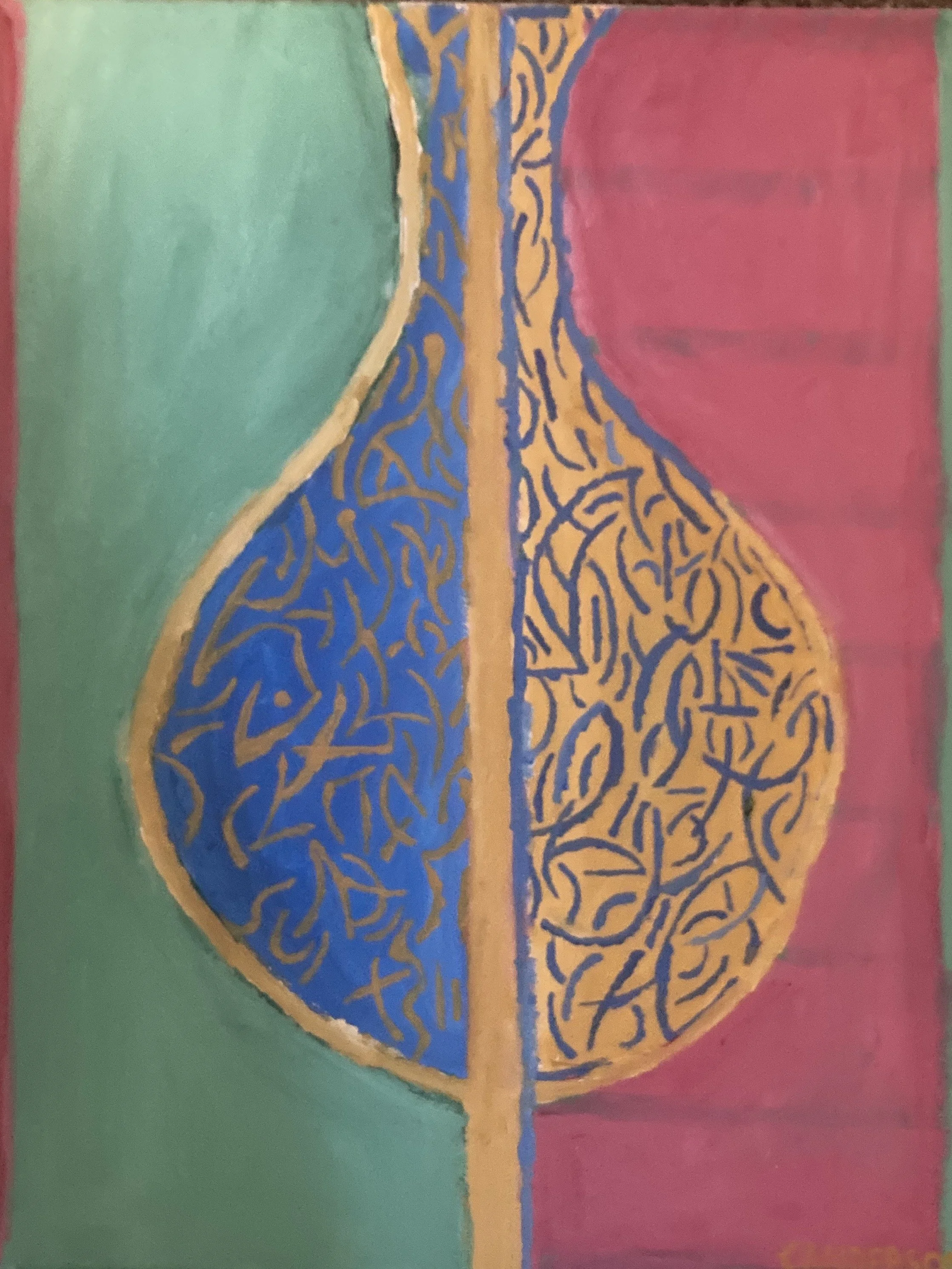 A colorful painting depicts a symmetrical, half-abstract tree divided by a yellow trunk, with the left side in green and the right side in red, featuring blue and yellow intricate patterns.