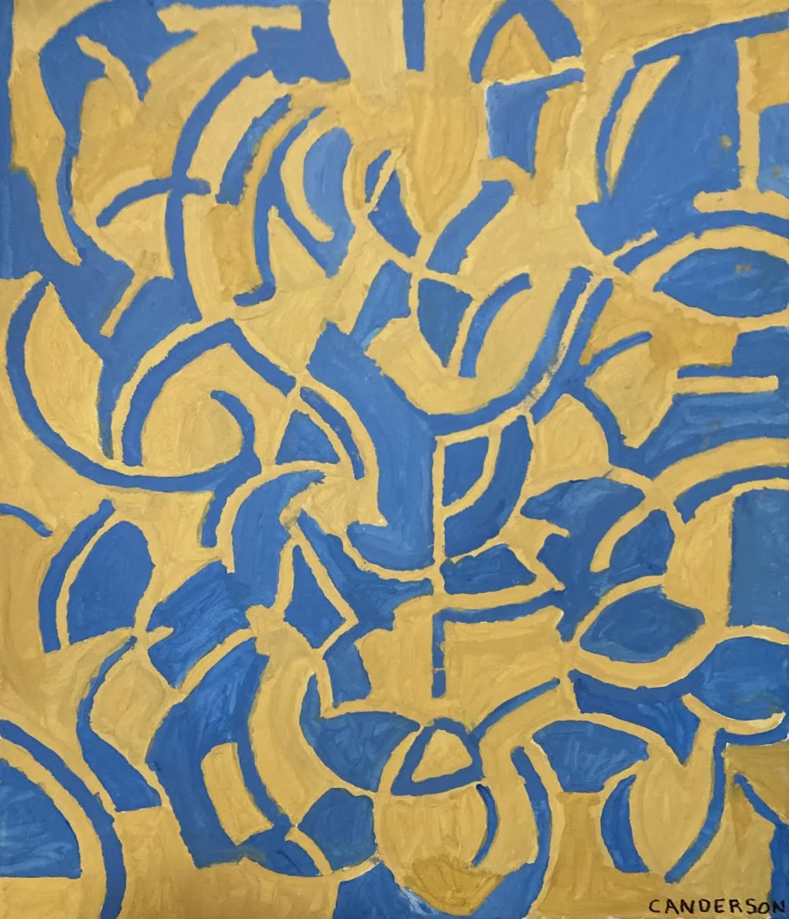 An abstract painting featuring interconnected yellow and blue shapes with curving and angular lines, signed 'CANDERSON' in the bottom right corner.
