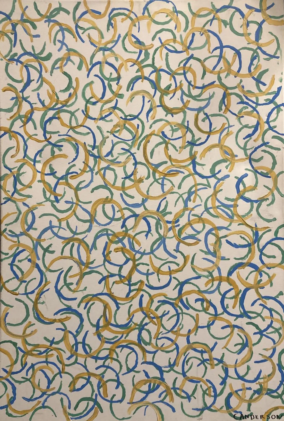 Abstract art with overlapping curved brushstrokes in yellow, blue, and green on white background.
