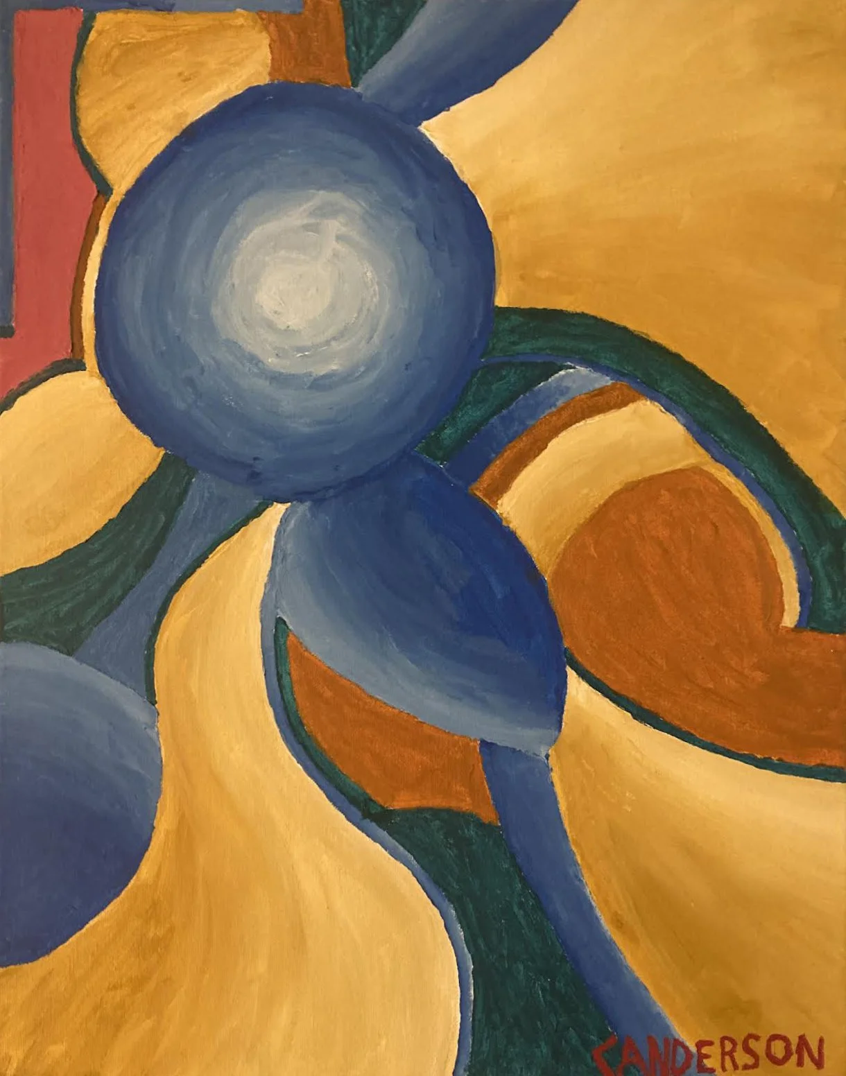 Abstract painting featuring large blue circular shapes with swirling patterns, surrounded by curved yellow, orange, blue, and green shapes.