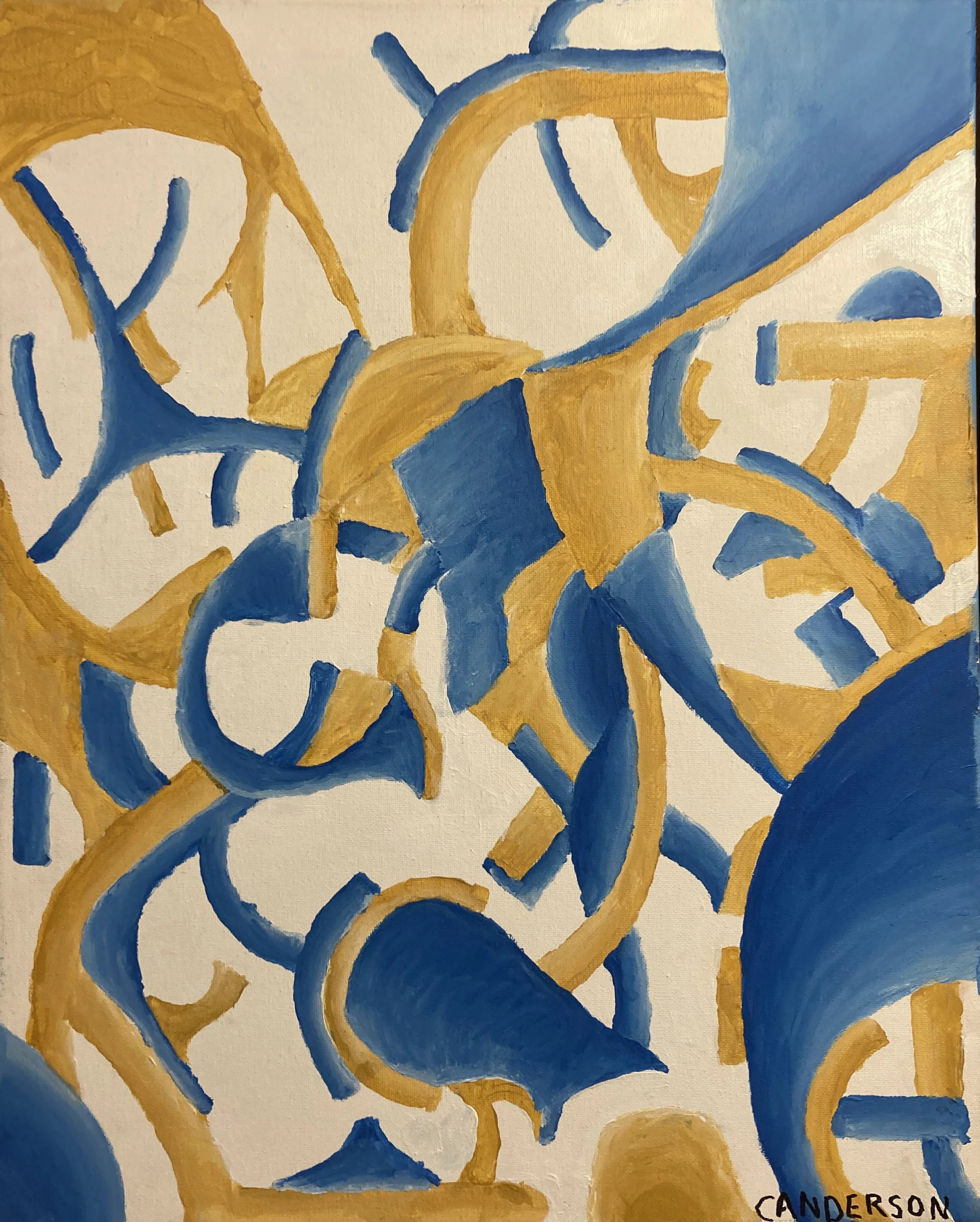 Abstract painting with thick gold and blue brushstrokes on a white canvas, with the artist's name 'Canderson' signed at the bottom right corner.