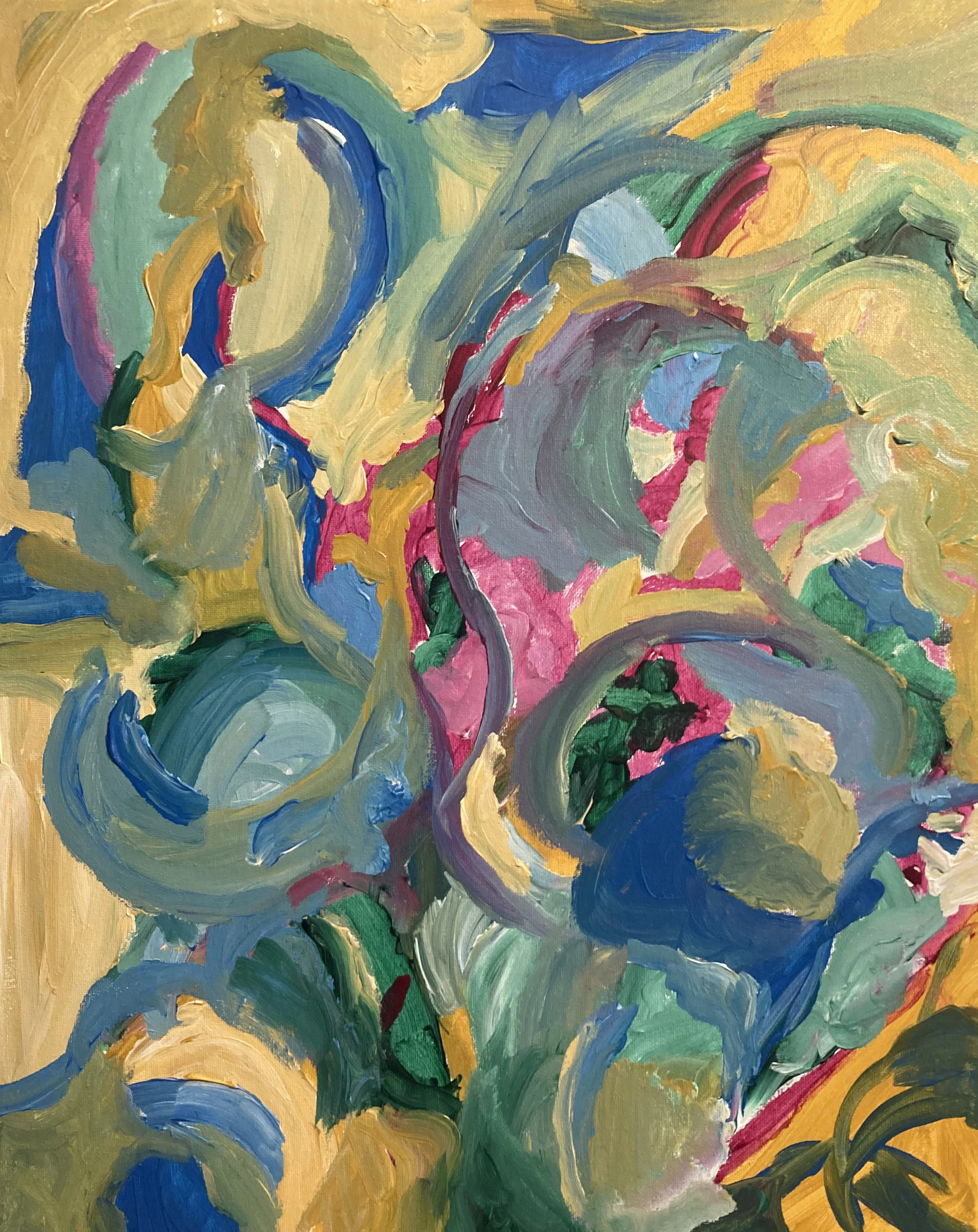 Abstract painting with vibrant swirling colors including blue, yellow, green, pink, purple, and red.