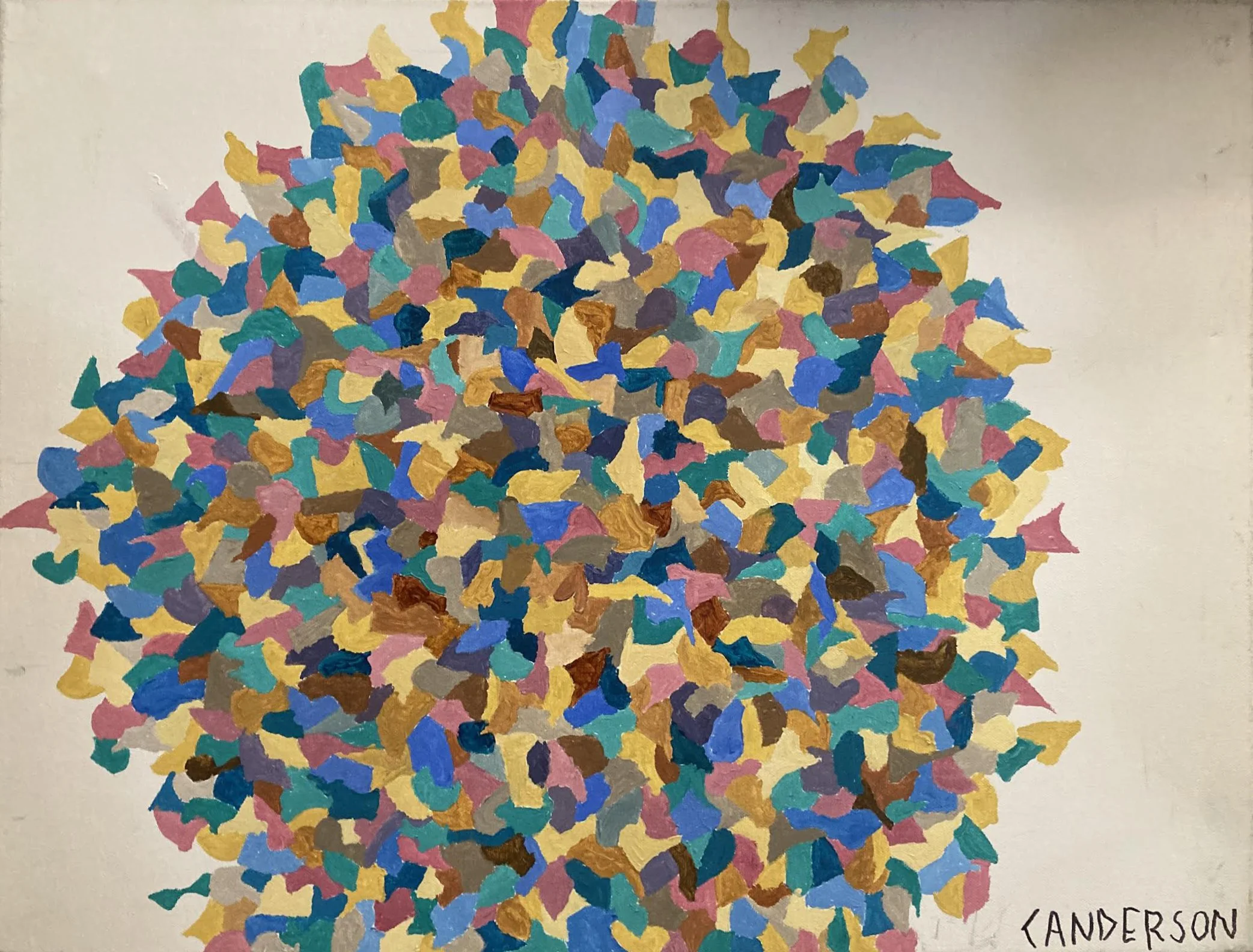A colorful abstract artwork consisting of numerous small, irregular, overlapping shapes in various colors such as pink, yellow, blue, green, purple, brown, gray, and beige, arranged to form a large composition on a white background.