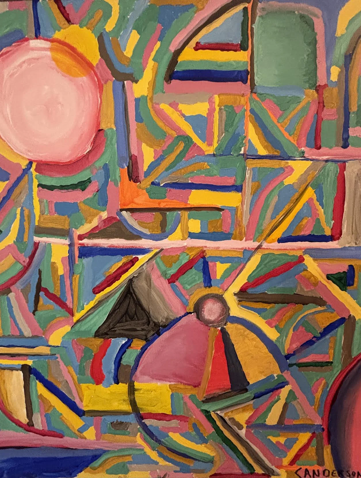 An abstract painting with colorful geometric shapes, lines, and patterns, including circles, triangles, and rectangles in pink, green, yellow, blue, orange, and black.