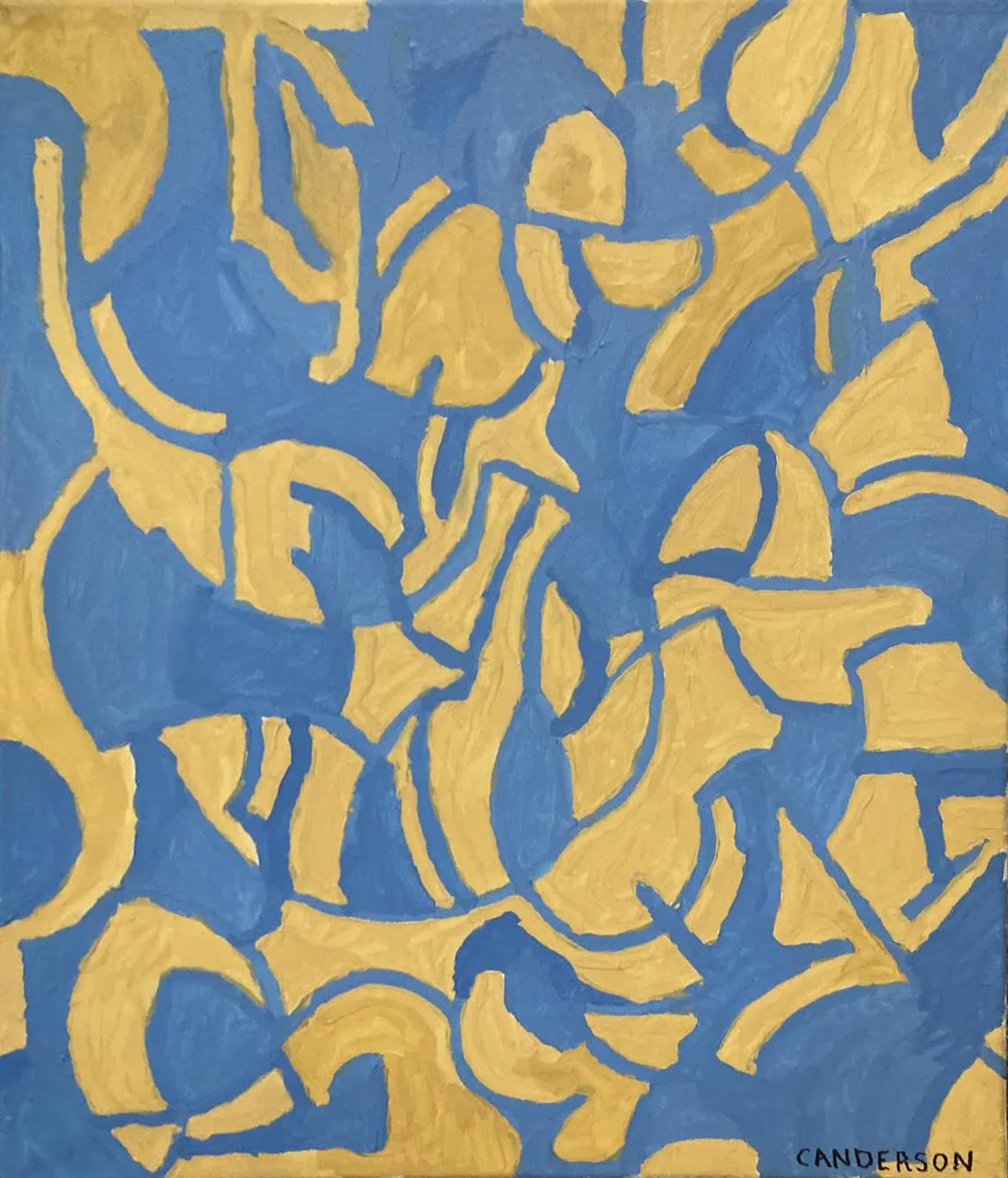 An abstract painting with yellow shapes on a blue background. The shapes are irregular and interconnected. The artist's signature, "CANDERSON," is visible in the bottom right corner.