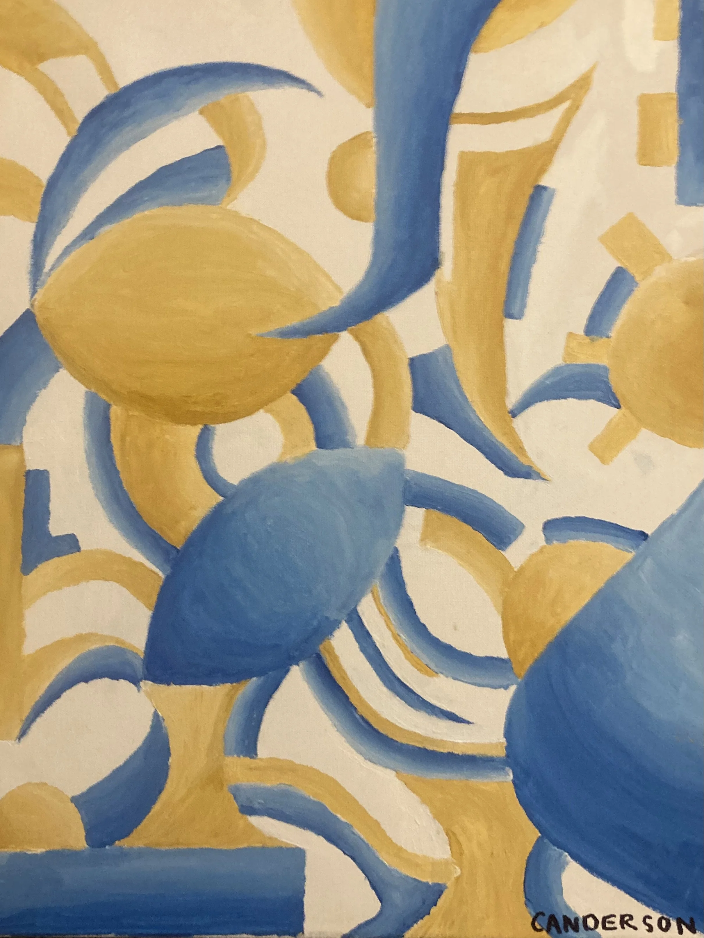 Abstract painting with swirling yellow and blue shapes. The artist's name, Canderson, is visible in the bottom right corner.