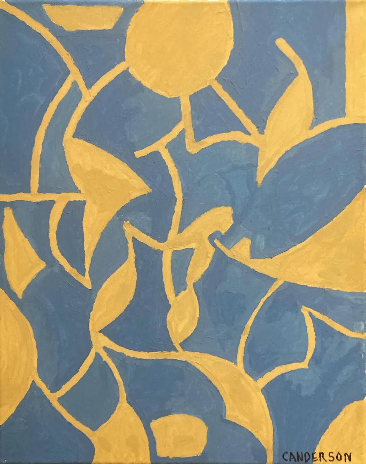 Abstract floral pattern in yellow and blue, with outline of flowers and leaves on a blue background. Signed 'CANDERSON' in the bottom right corner.
