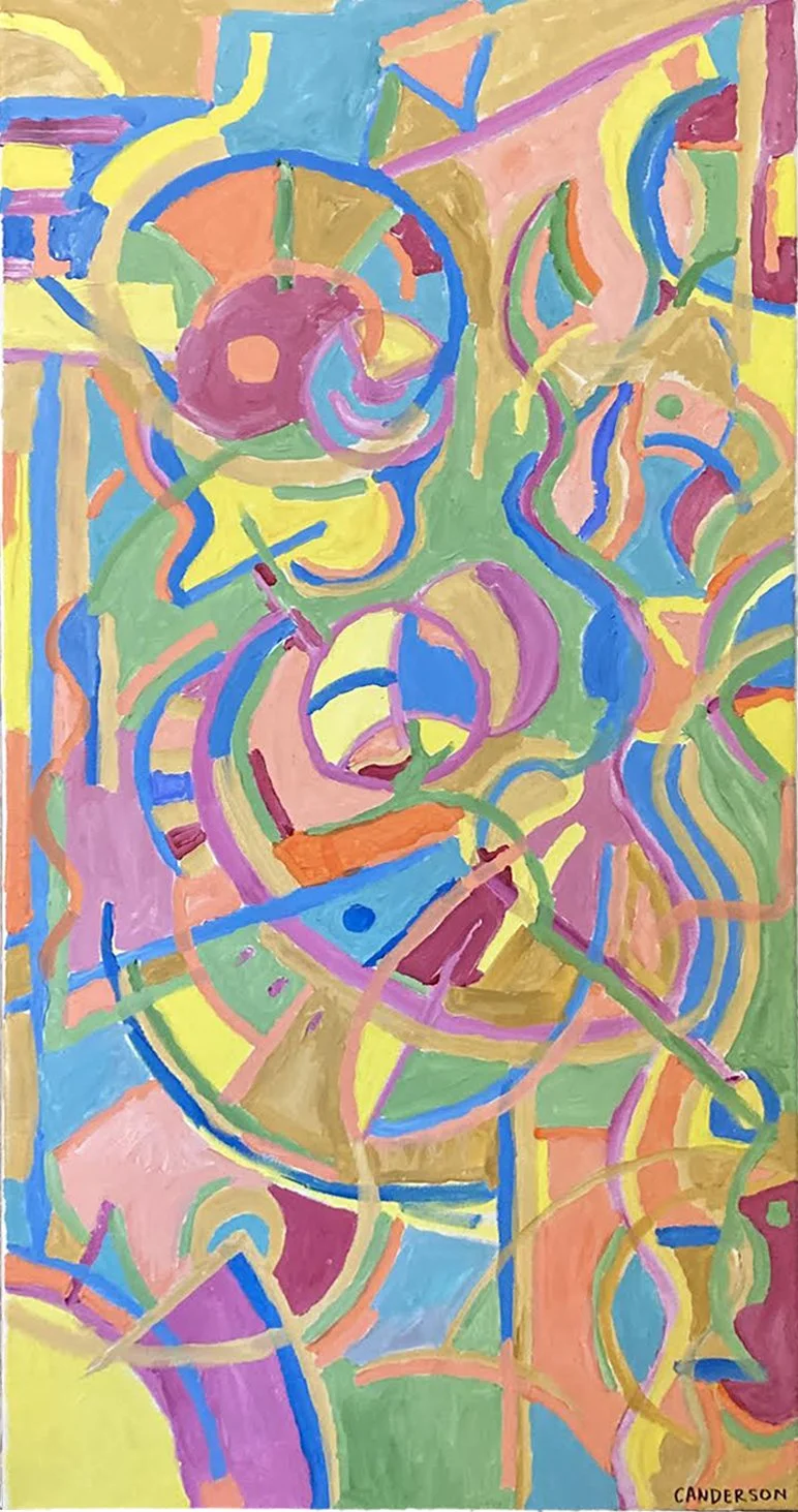 Abstract colorful painting with swirling shapes, lines, and patterns in pink, yellow, green, blue, orange, and purple hues. The painting contains circular and linear elements with no recognizable objects. The bottom right corner has the artist's signature 'CANDERSON'.