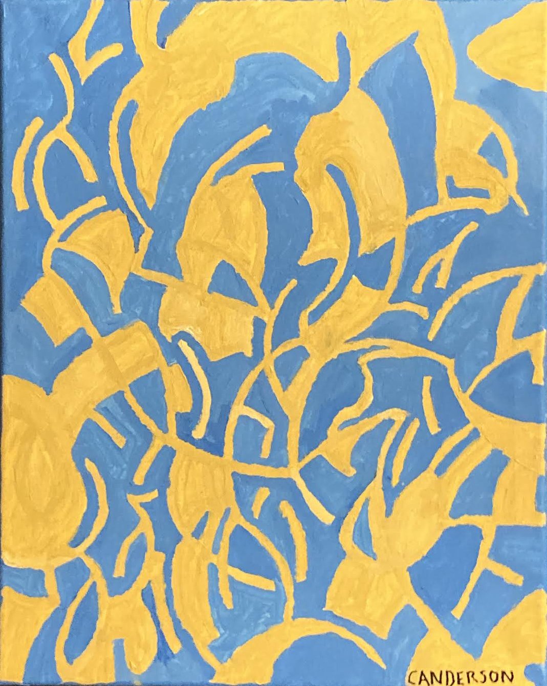 An abstract painting featuring yellow and blue patterns, with the artist's name 'CANDERSON' written in the bottom right corner.
