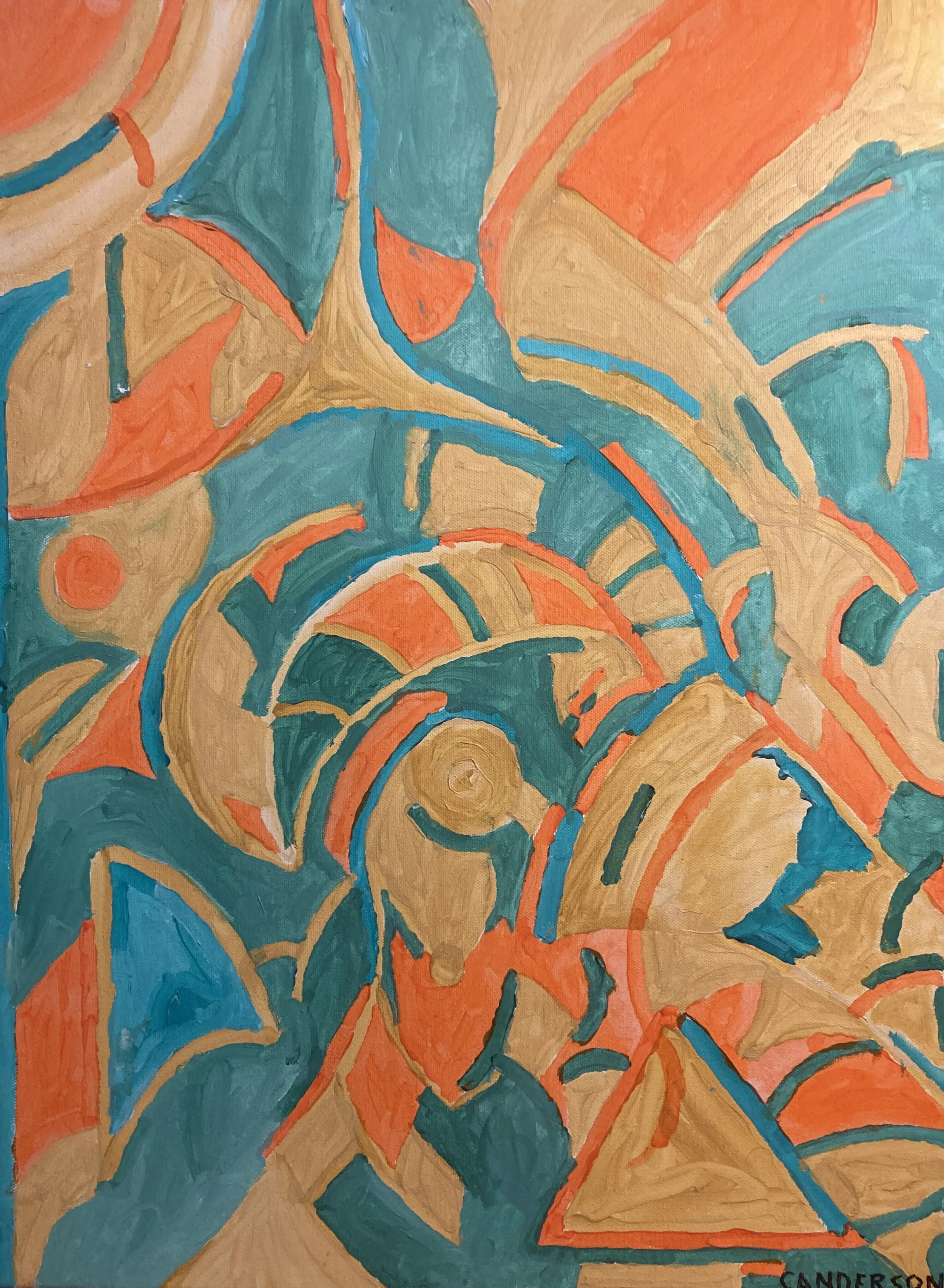 Abstract painting with swirling lines and shapes in shades of orange, teal, and beige, with the signature 'CANDERSON' in the bottom right corner.