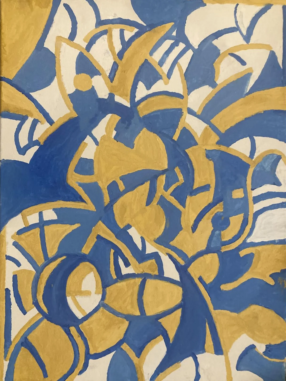An abstract painting featuring intertwined shapes and lines in blue and yellow colors.