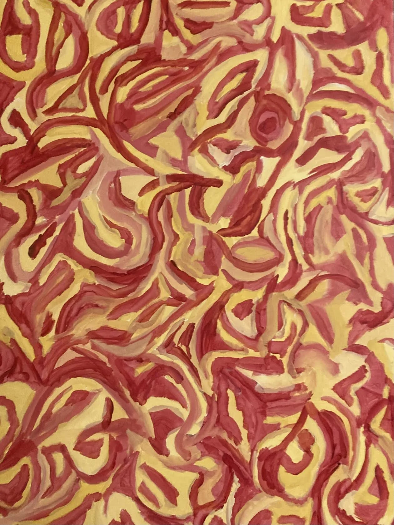 Abstract painting with yellow background and red swirling lines.