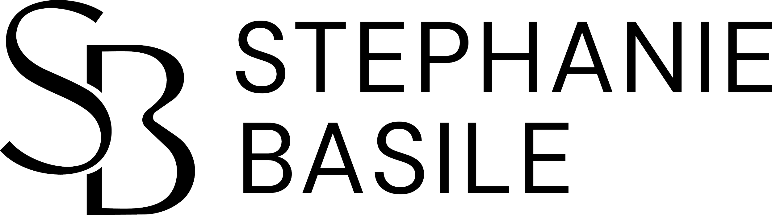 logo with large letter S and the words 'STEPHANIE BASILE' in black outlines on a transparent background