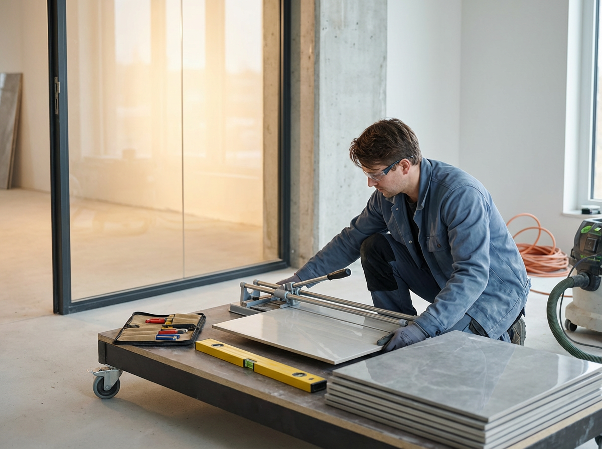 A man kneeling on the floor using a tile cutter to cut a marble tile in a modern, unfinished interior space with large windows.