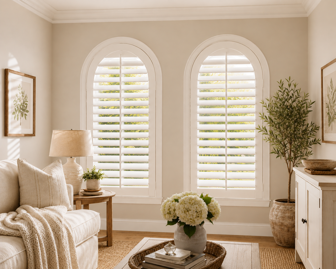 Bright living room with two large arched windows with white plantation shutters, a white sofa with pillows and a throw blanket, a side table with a lamp, a coffee table with a flower centerpiece, and framed botanical artwork on the walls.