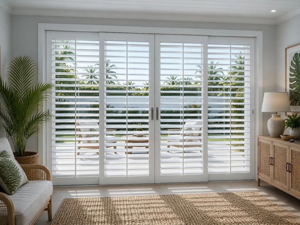 Bright living room with white plantation shutters on sliding glass doors leading to outdoor patio with palm trees, wicker sofa with green cushions, potted plants, and a wooden cabinet with a lamp, framed leaf print, and decorative bowl.