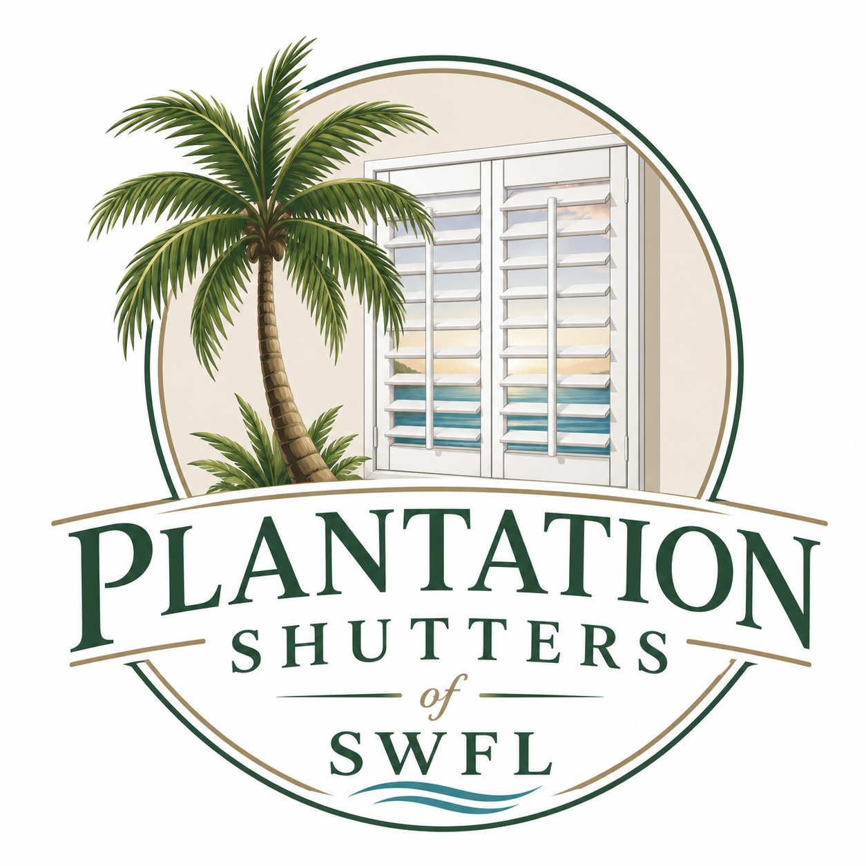Logo with a palm tree and a set of white plantation shutters behind it, with the text "Plantation Shutters of SWFL" underneath.