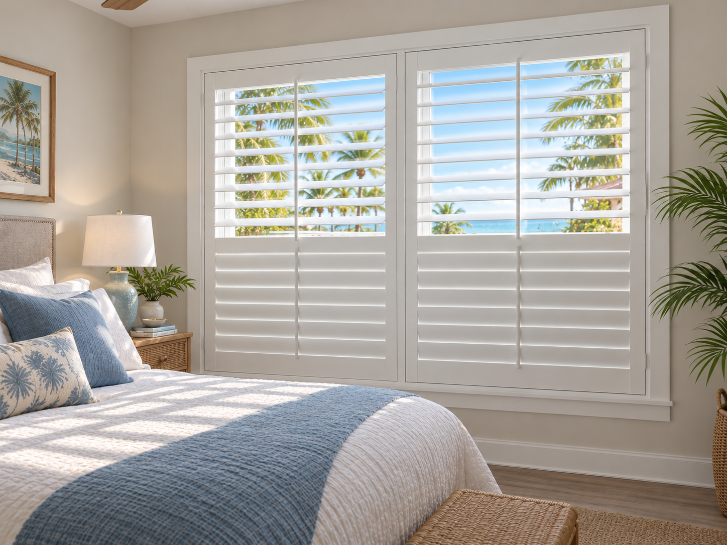 Bedroom with white split tilt plantation shutters, tropical beach view outside, bed with blue and white linens, side table with lamp, green plants, and framed beach artwork.