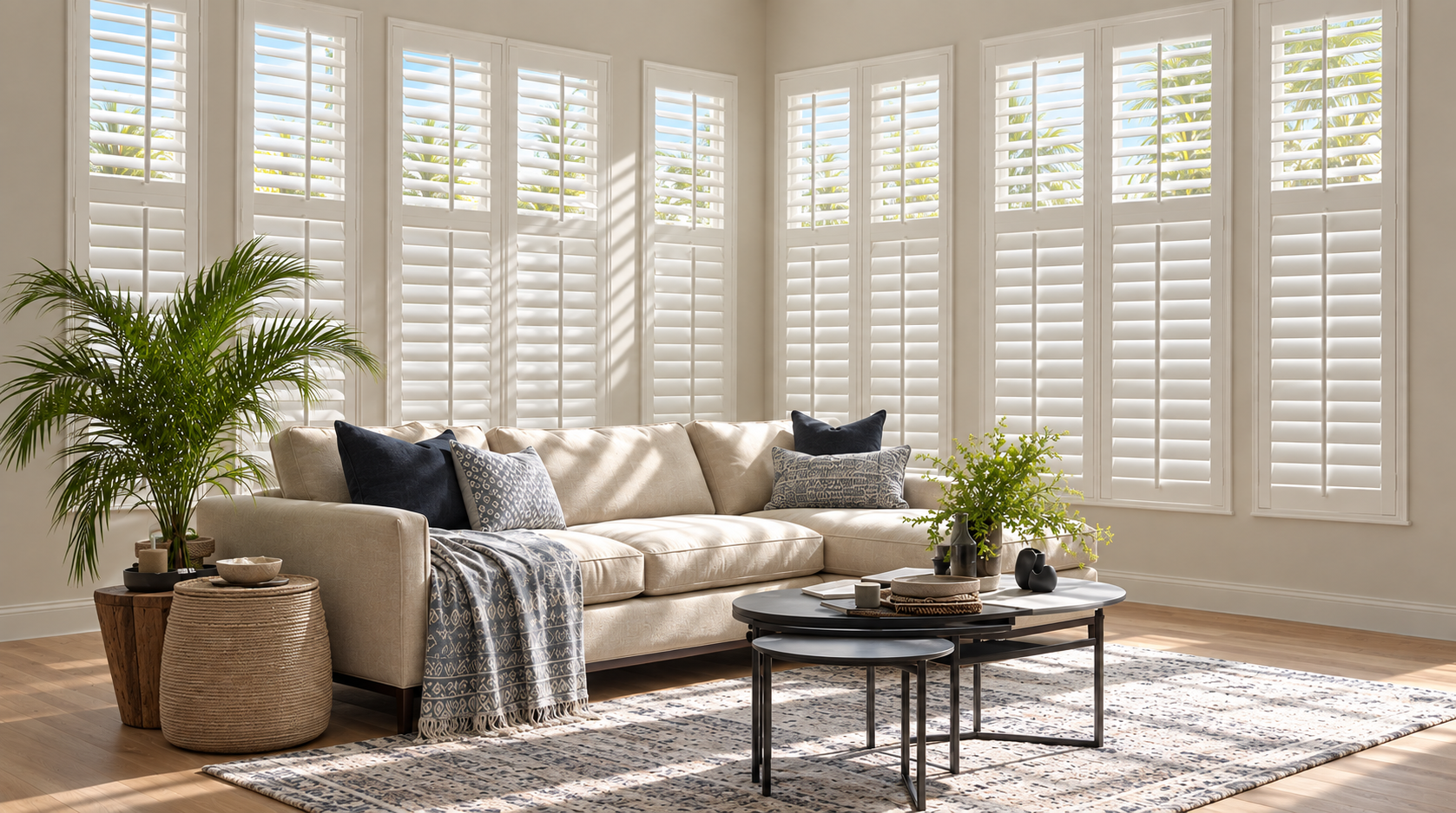 A bright living room with white plantation shutters on large windows, a beige sofa with patterned pillows, a wooden side table, and black nesting coffee tables adorned with decorative objects and greenery, all on a patterned area rug.