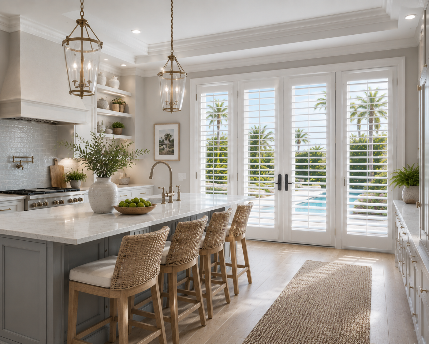 Bright, modern kitchen with white cabinetry, a large marble island, wicker bar stools, and glass doors with plantation shutters revealing a backyard with palm trees and a pool.