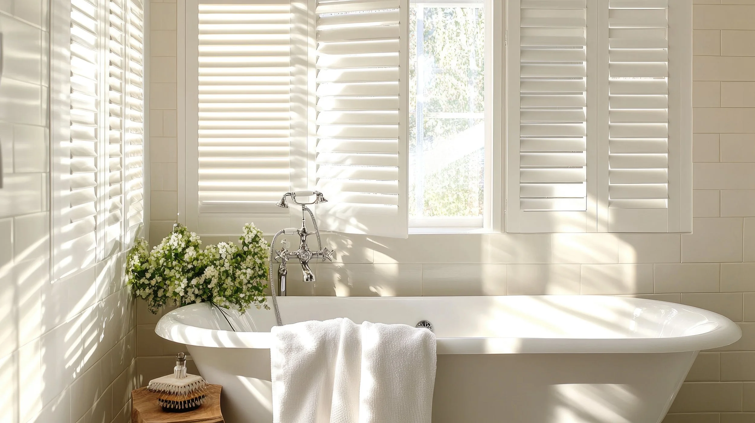 A bright bathroom with white window shutters allowing sunlight to cast striped shadows on the beige tiled walls. A vintage-style bathtub features a white towel draped over its edge, with a small wooden side table holding a bottle and a woven basket. A large bouquet of white flowers is placed beside the bathtub, and a window reveals outside greenery.