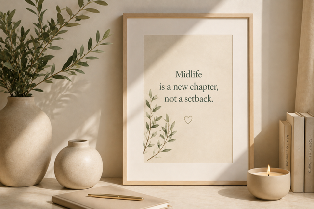 Framed print reading "Midlife is a new chapter, not a setback" beside natural vases, books and a candle.