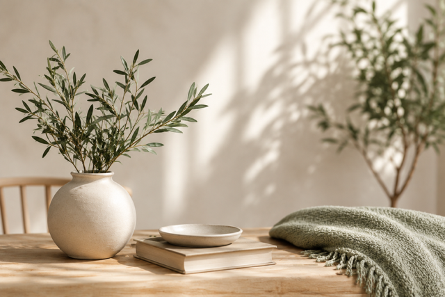 Ceramic vase with leafy branches, books and soft furnishings in a calm, neutral setting.