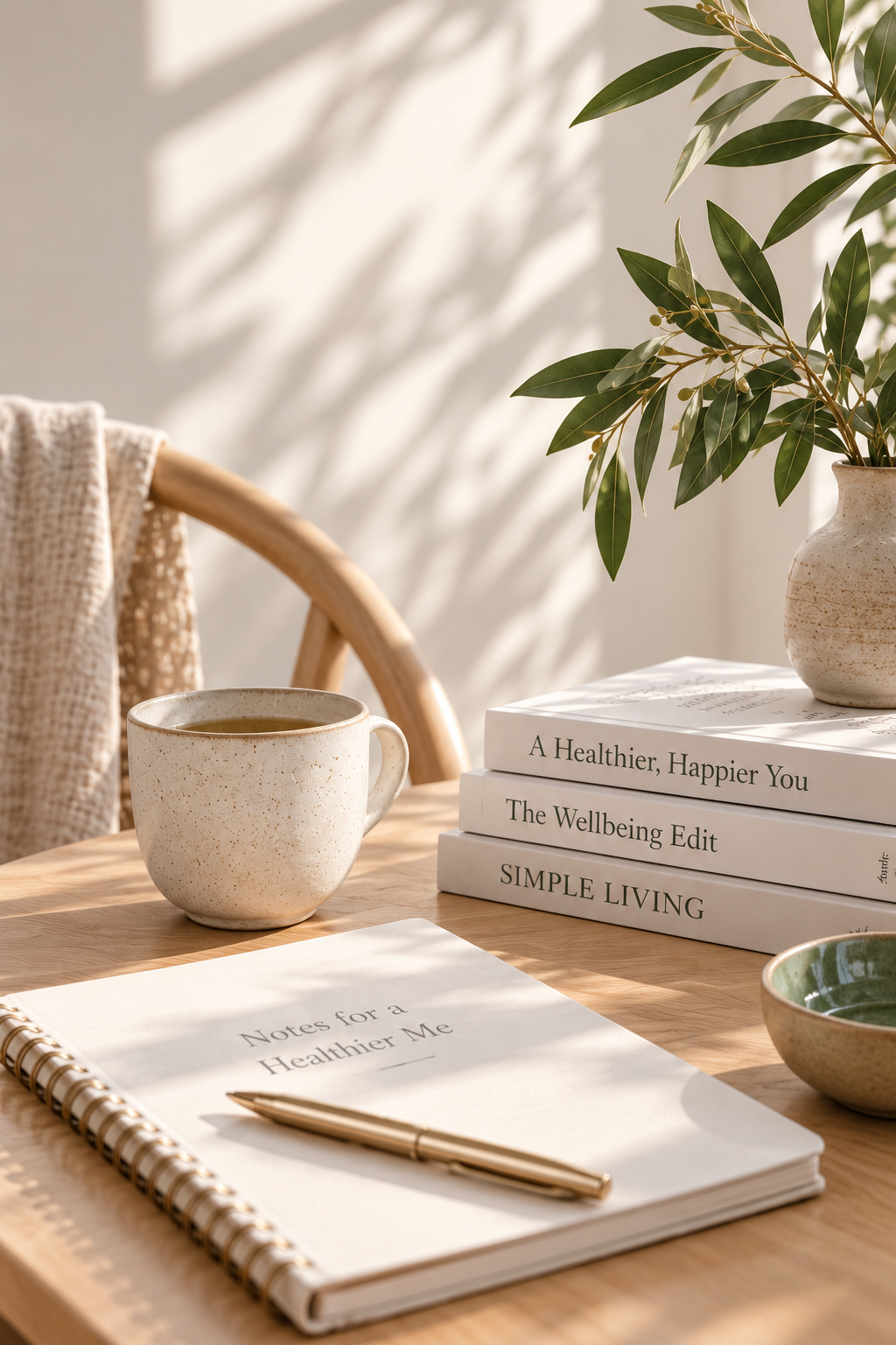 Neutral workspace with a cup of tea, notebook, books and leafy branches in a vase.
